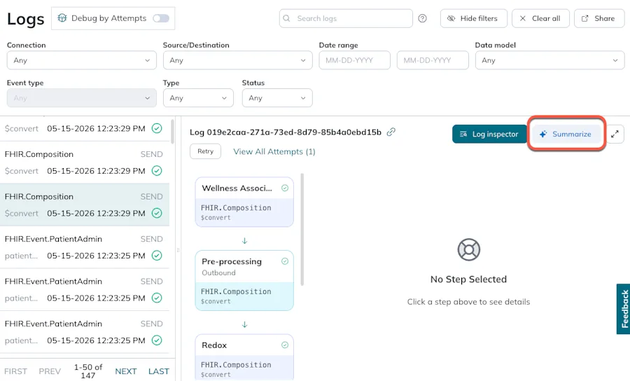 Highlights the Summarize button on the top right of a log's details.