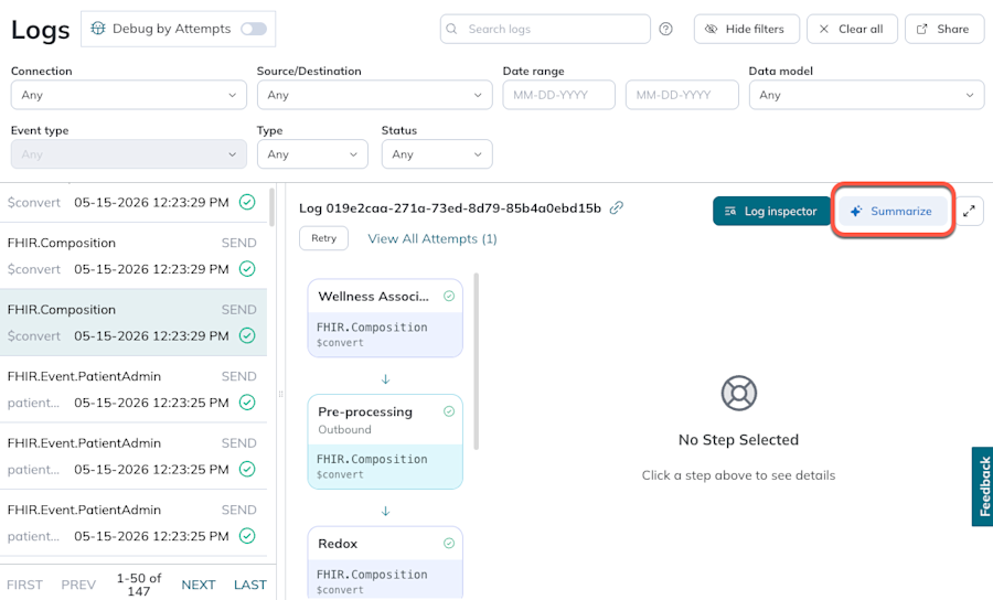 Highlights the Summarize button on the top right of a log's details. Highlights the Summarize button on the top right of a log's details.