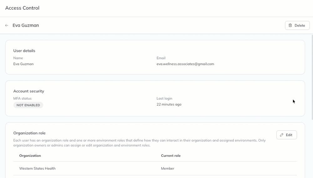 A user's organization role is changed from member to admin to elevate their permissions. 