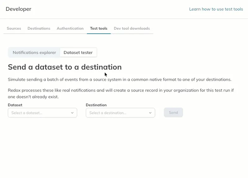 A user selects a test HL7v2 ADT message to send to a configured destination.