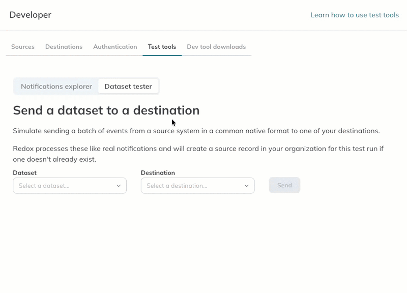 A user selects a test HL7v2 ADT message to send to a configured destination.