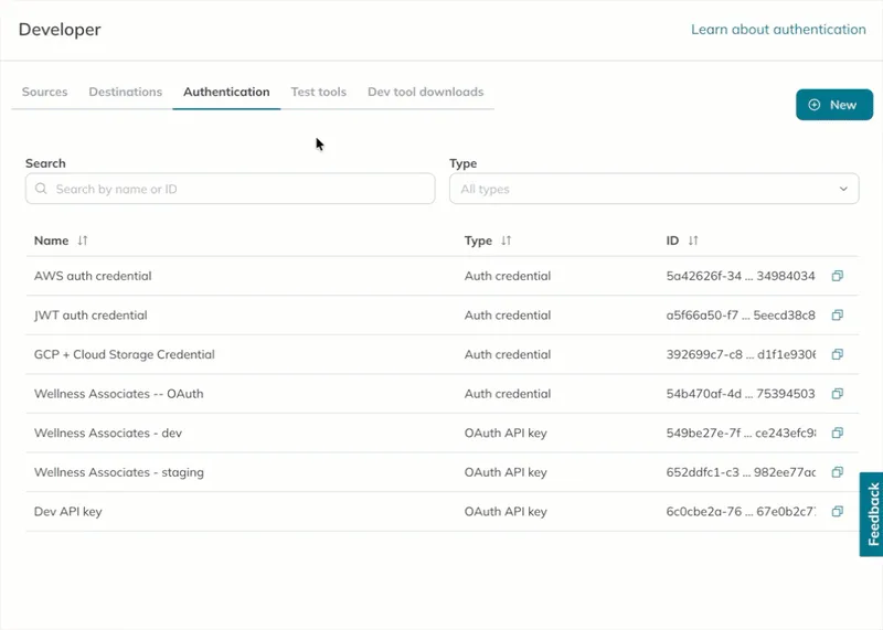A user selects an auth credential to edit and updates its settings in the Redox dashboard.