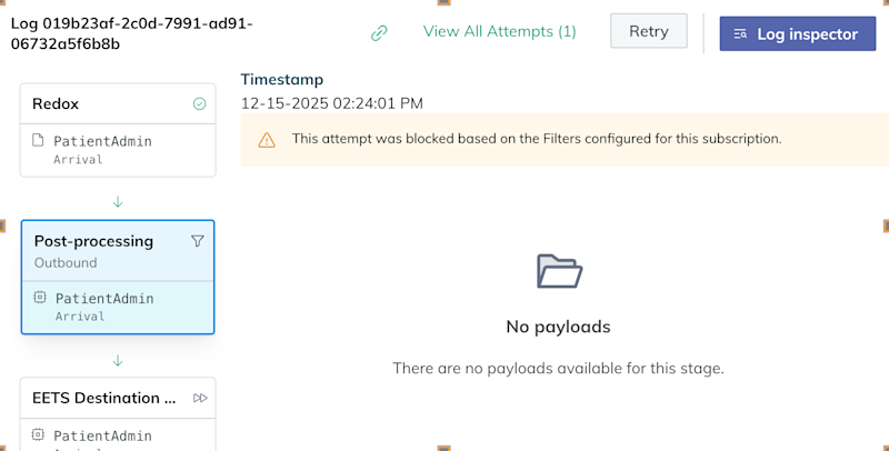 A warning banner in the log details notes that the message was blocked. A warning banner in the log details notes that the message was blocked.