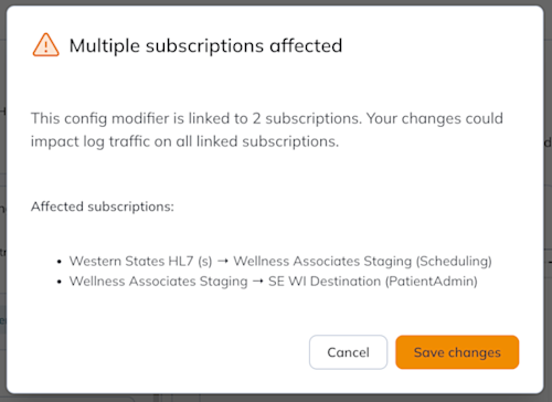 A modal opens with a list of linked subscriptions that will be affected by this edit. 