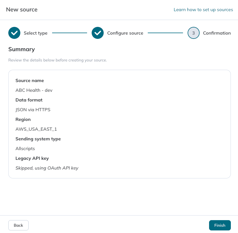 A source's configuration details are summarized in Step 3 of the source wizard.