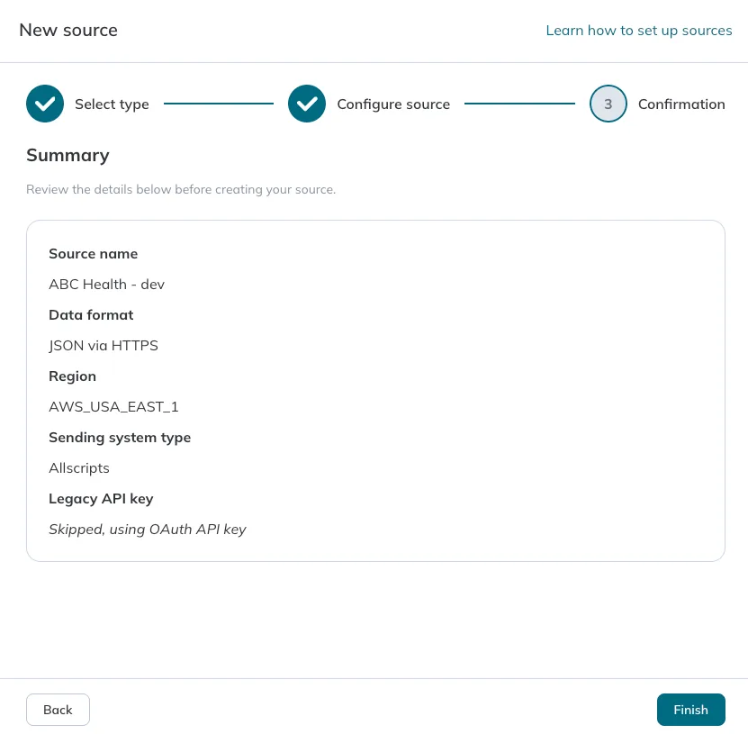 A source's configuration details are summarized in Step 3 of the source wizard. A source's configuration details are summarized in Step 3 of the source wizard.
