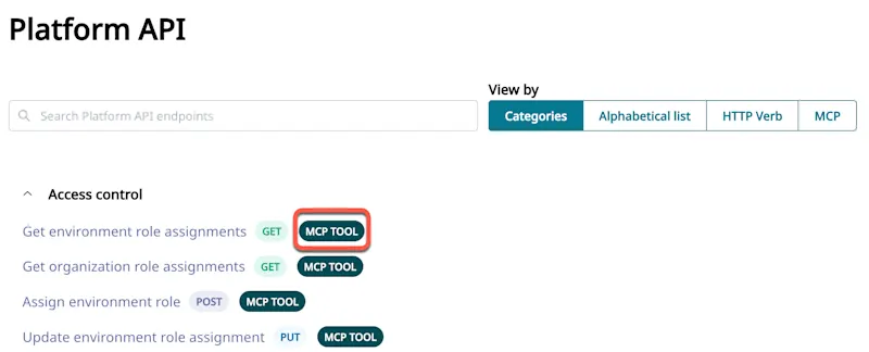 If a Platform API is enabled for MCP, an MCP tool badge appears next to its name.