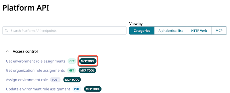 If a Platform API is enabled for MCP, an MCP tool badge appears next to its name. If a Platform API is enabled for MCP, an MCP tool badge appears next to its name.