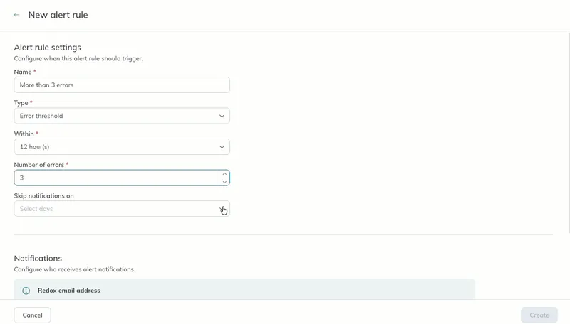 A user selects holidays to skip notifications on and types a comma-separated list of email addresses to send alert notifications to.
