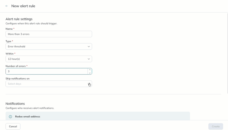 A user selects holidays to skip notifications on and types a comma-separated list of email addresses to send alert notifications to.