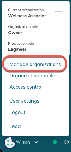 The Manage organizations option is the first option of the user menu. The Manage organizations option is the first option of the user menu.