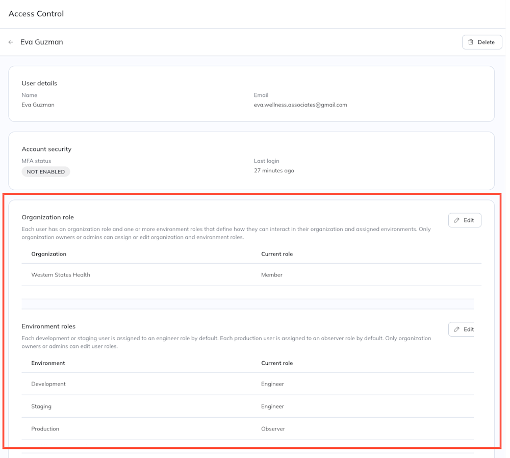 The organization and environment role assignments appear at the bottom of the user's profile.