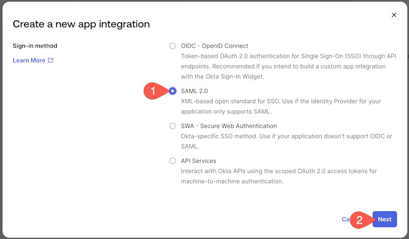 Okta: Create a new app integration page 