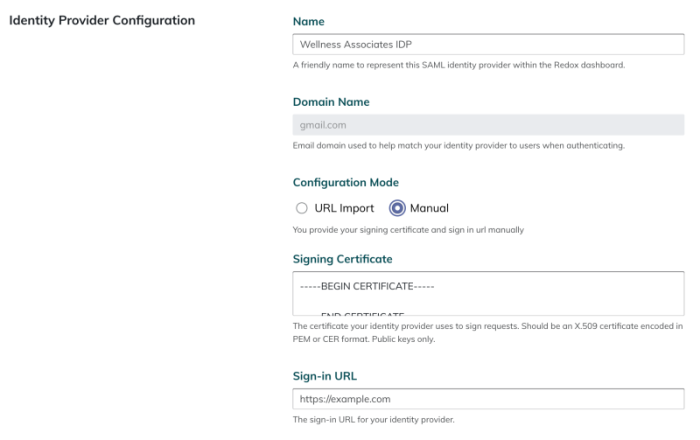 IdP configuration - Manual option