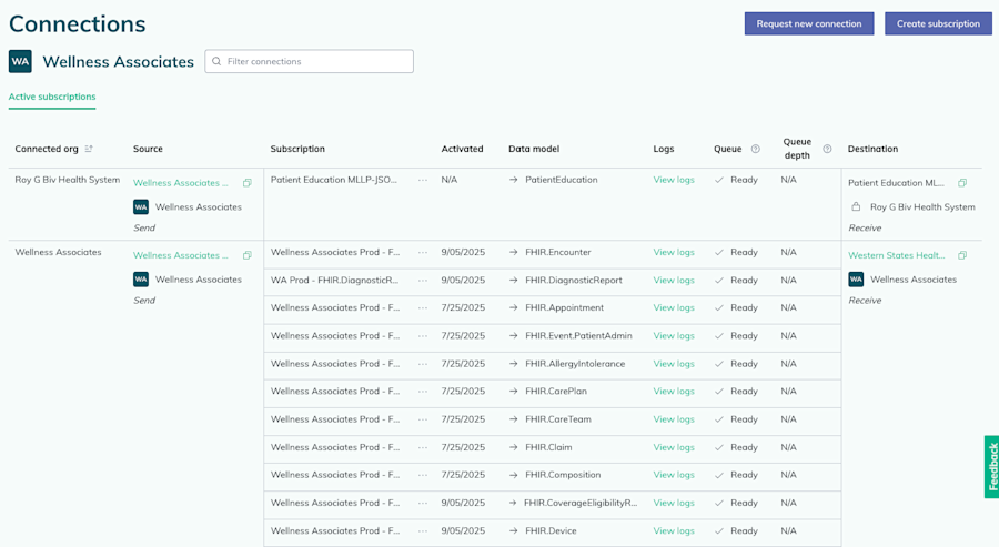 Example of the subscriptions table showing active connections
