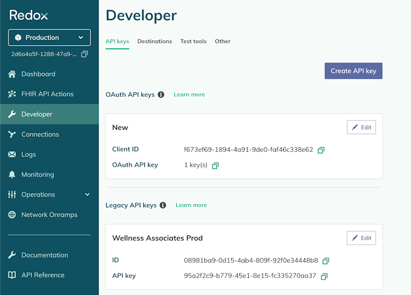 Your API keys and destinations