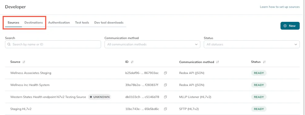 The Sources and Destinations tabs are highlighted on the Developer page.