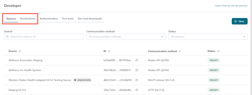 The Sources and Destinations tabs are highlighted on the Developer page.