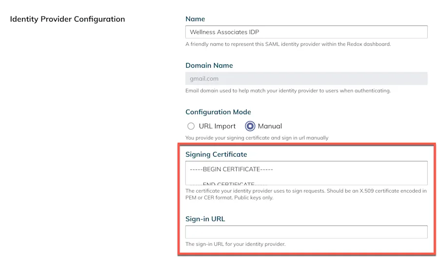 Redox: IdP configuration - Manual option