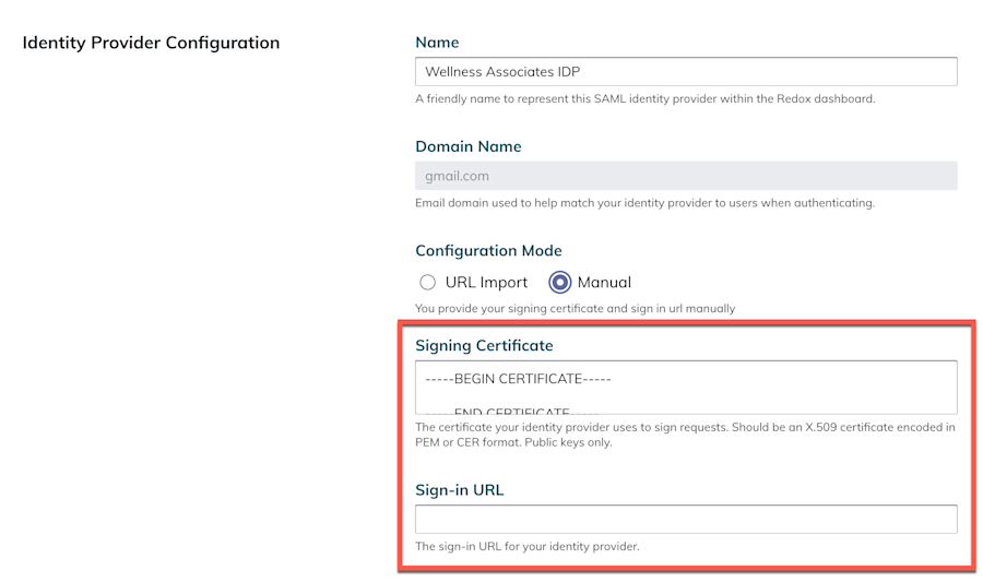 Redox: IdP configuration - Manual option