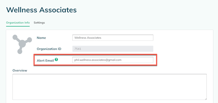 Alert email address in the Organization Profile