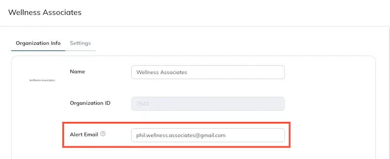 The Alert Email field is the third option on the Organization Info tab. 