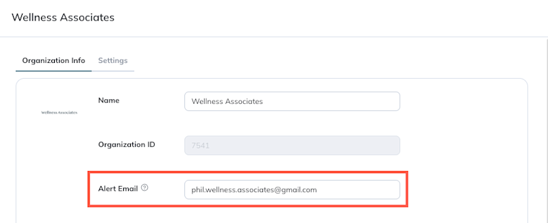 The Alert Email field is the third option on the Organization Info tab. 