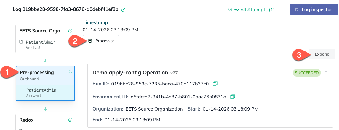 View processor details in the linked log stage with the option to expand for more details.