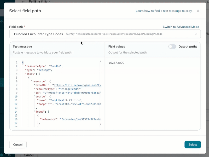 A user toggles between field values and output paths to validate the correct value will be filtered.