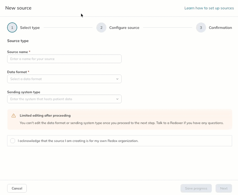 A user completes the source type configuration in Step 1 of the source wizard.