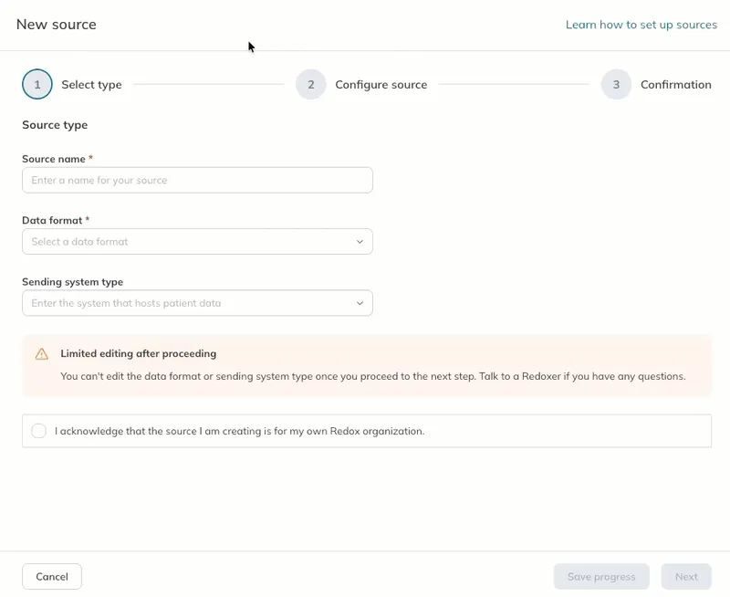 A user completes the source type configuration in Step 1 of the source wizard. A user completes the source type configuration in Step 1 of the source wizard.