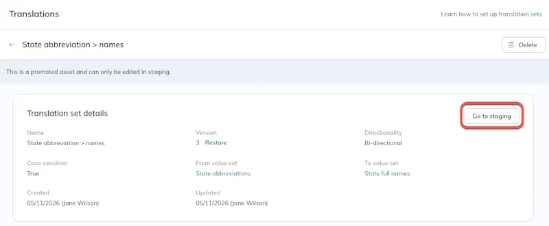 The Go to staging button appears on the top right of the details.