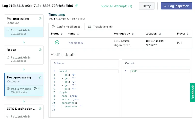 Config modifier details appear in the relevant log processing stage.