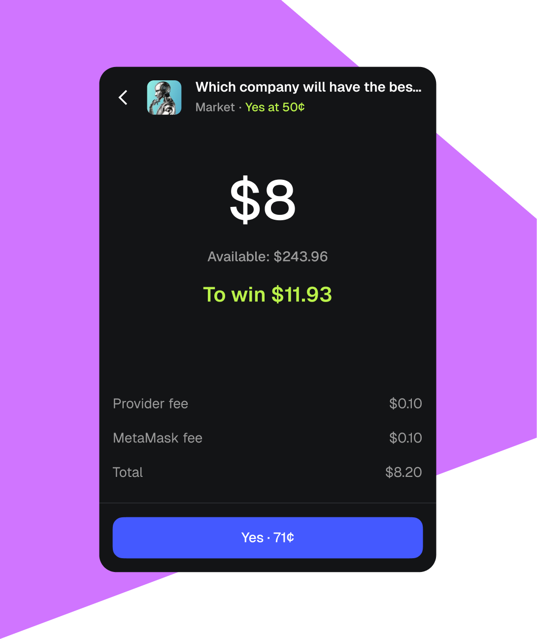 Trade Prediction Markets Directly in MetaMask, in Two Taps.