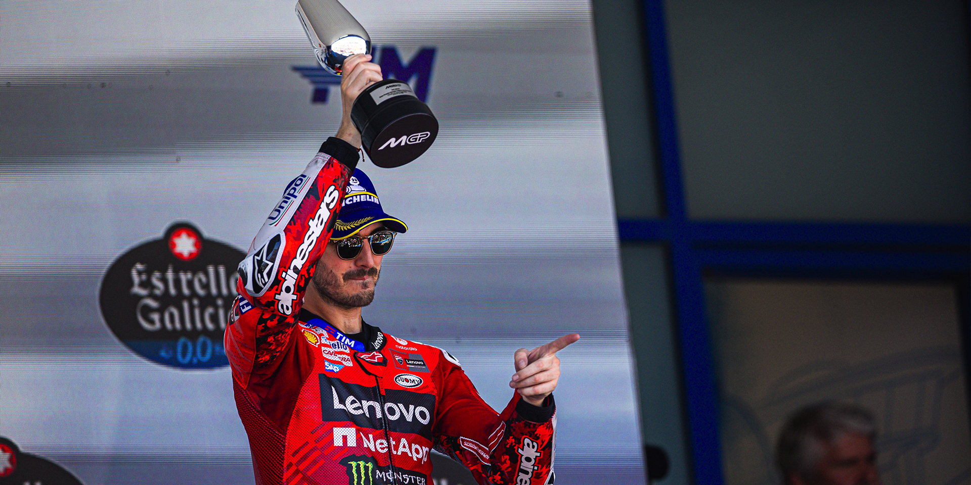 Francesco Bagnaia and the Ducati Lenovo Team on the Jerez race podium ...