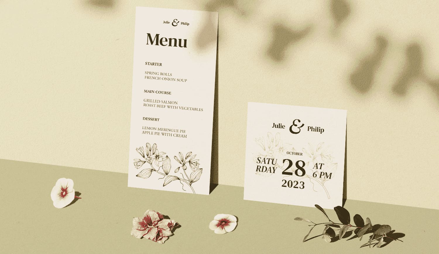 Image showing a personalised wedding menu and a wedding invitation both printed on a white paper card.