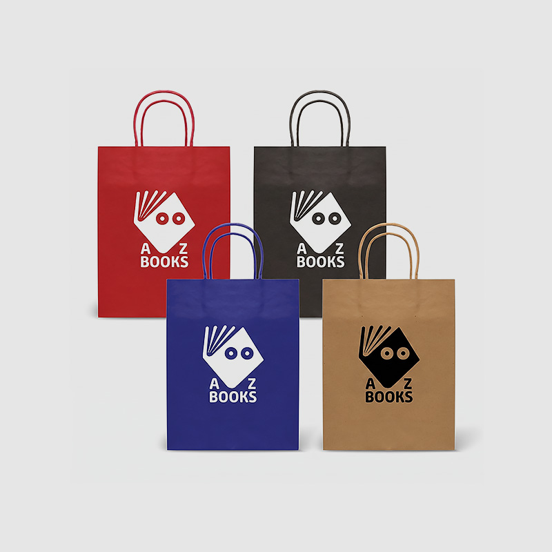 Natural kraft paper shoppers in different colours, with an "Az books" design in white or black.