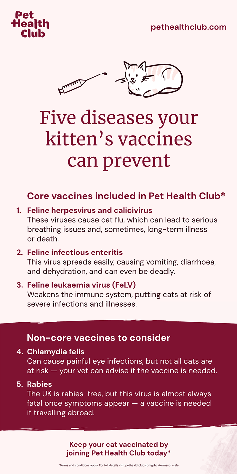 Infographic detailing how kitten vaccinations protect against five deadly diseases - the first step to lifelong health.