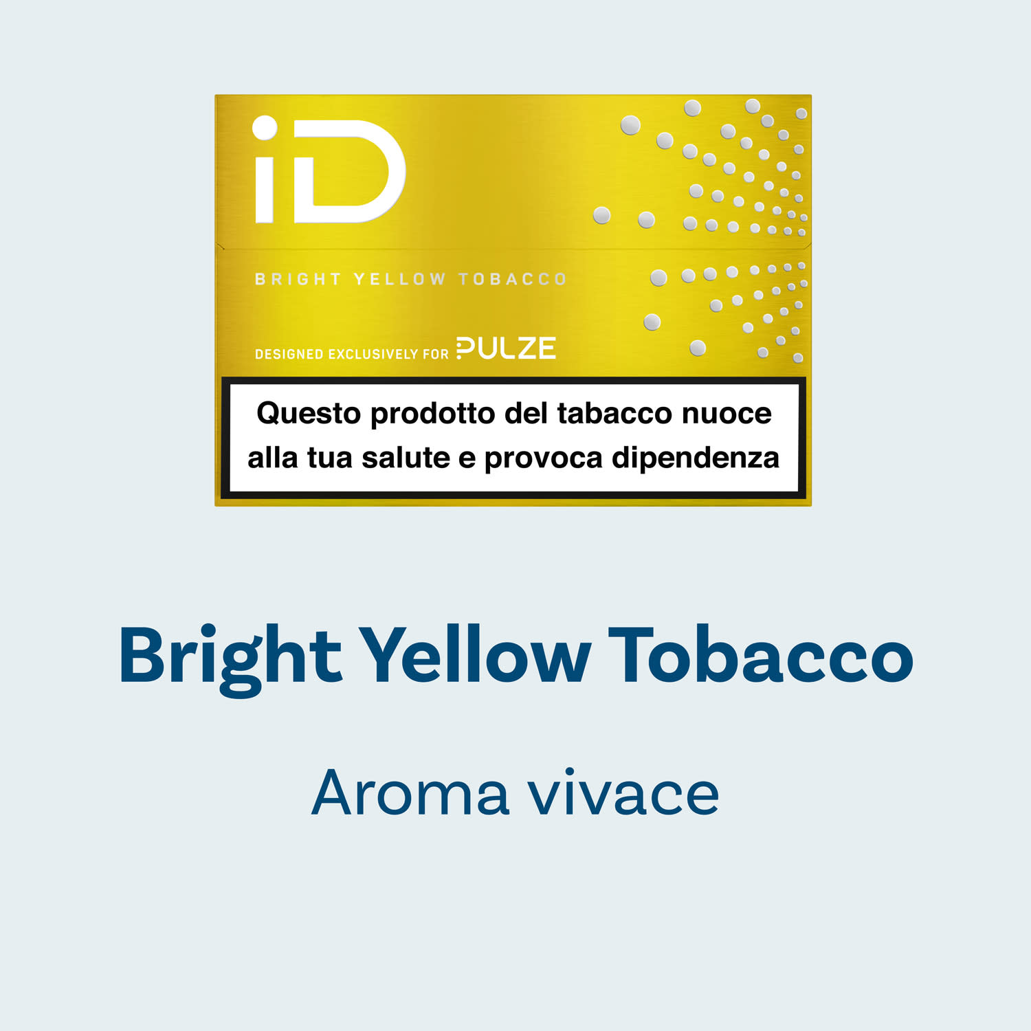Confezione iD Bright Yellow Tobacco Pulze con indicazione “Aroma vivace”, su sfondo chiaro.