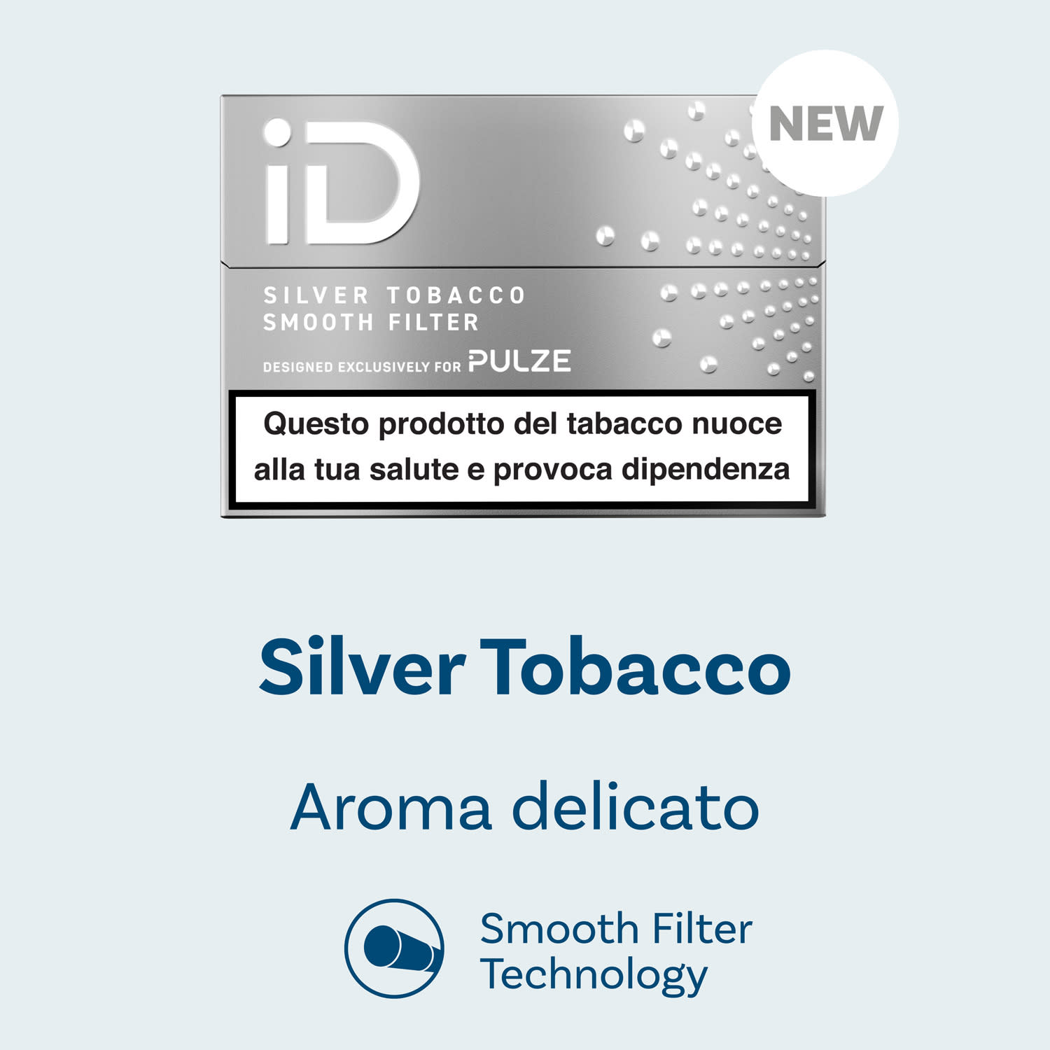 Confezione iD Silver Tobacco Pulze con indicazione “Aroma delicato” e tecnologia Smooth Filter, su sfondo chiaro.