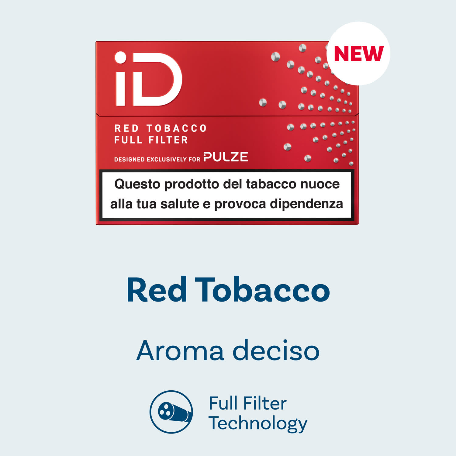 Confezione iD Red Tobacco Pulze con indicazione “Aroma deciso” e tecnologia Full Filter, su sfondo chiaro.