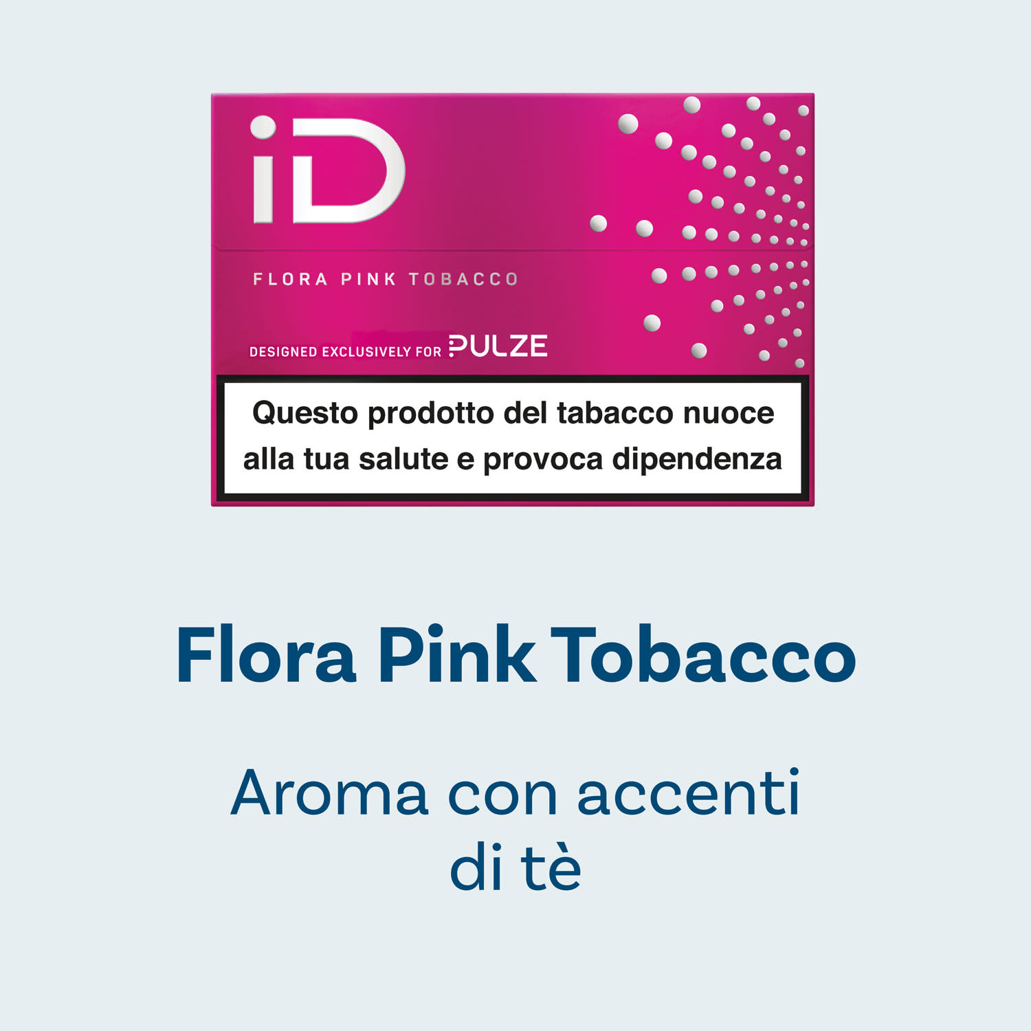 Confezione iD Flora Pink Tobacco Pulze con indicazione “Aroma con accenti di tè”, su sfondo chiaro. 