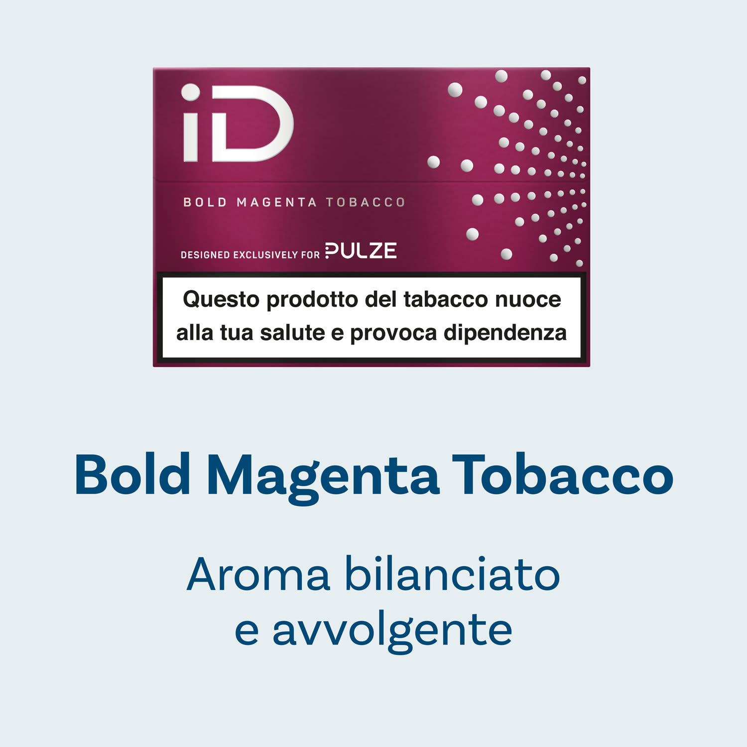 Confezione iD Bold Magenta Tobacco Pulze con indicazione “Aroma bilanciato e avvolgente”, su sfondo chiaro.