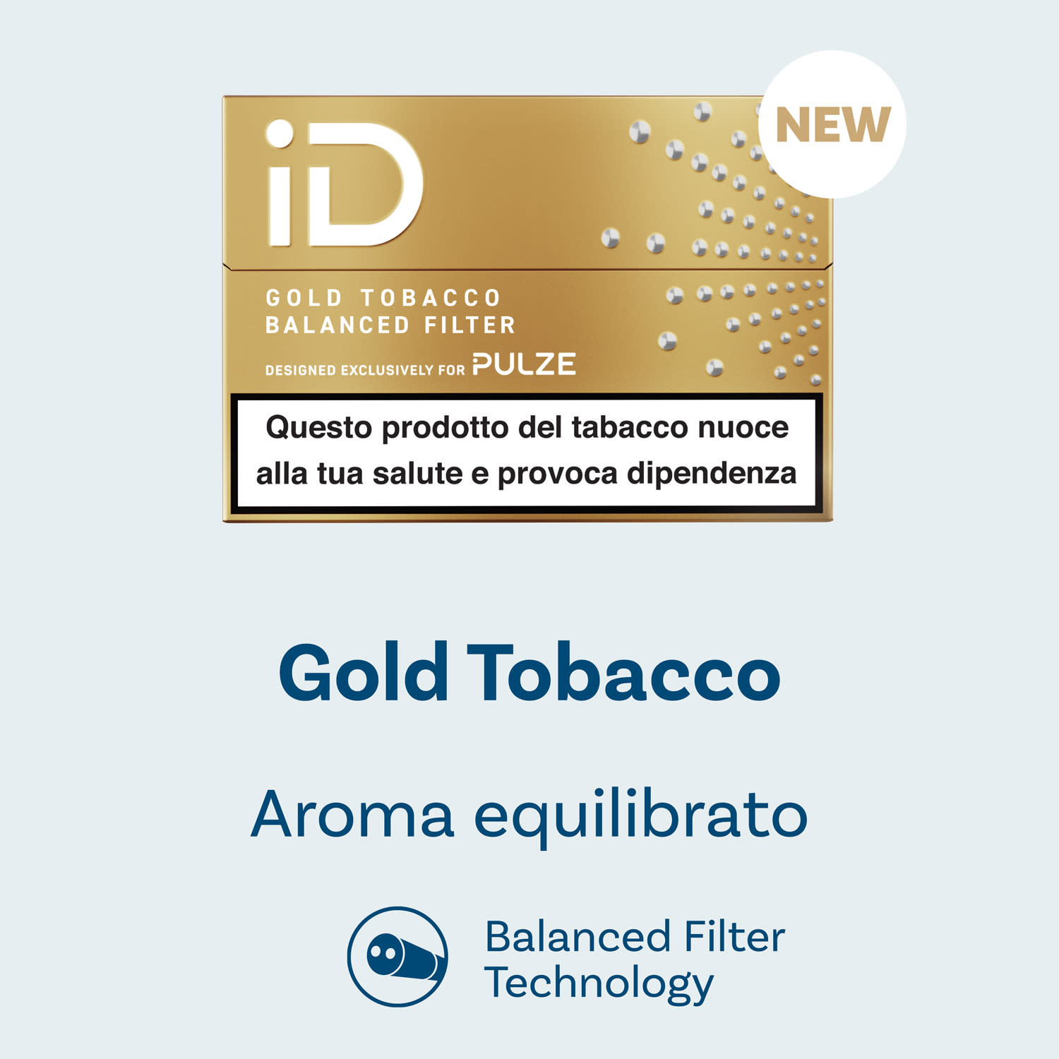 Confezione iD Gold Tobacco Pulze con indicazione “Aroma equilibrato” e tecnologia Balanced Filter, su sfondo chiaro.