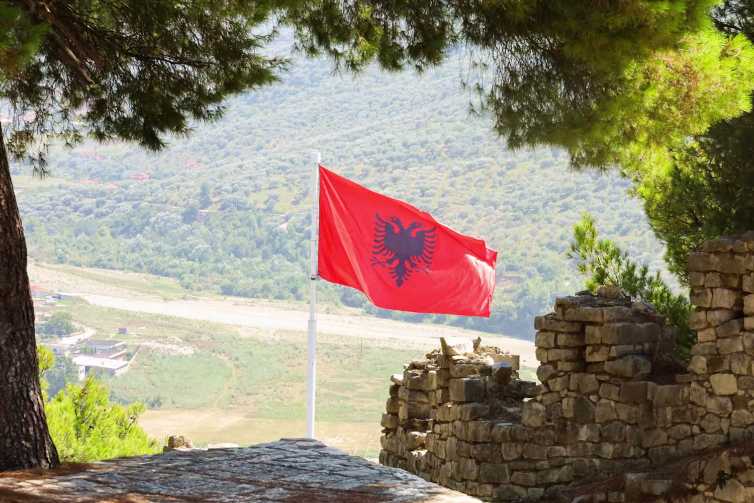 Foto di bandiera dell'Albania su paesaggio