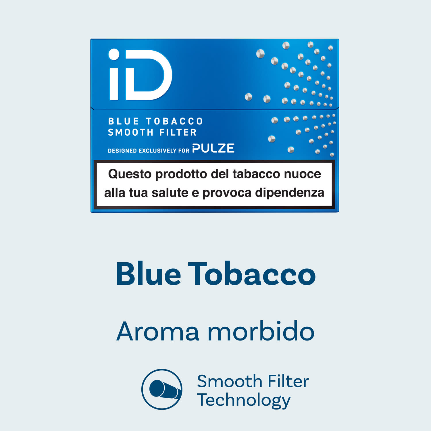 Confezione iD Blue Tobacco Pulze con indicazione “Aroma morbido” e tecnologia Smooth Filter, su sfondo chiaro.