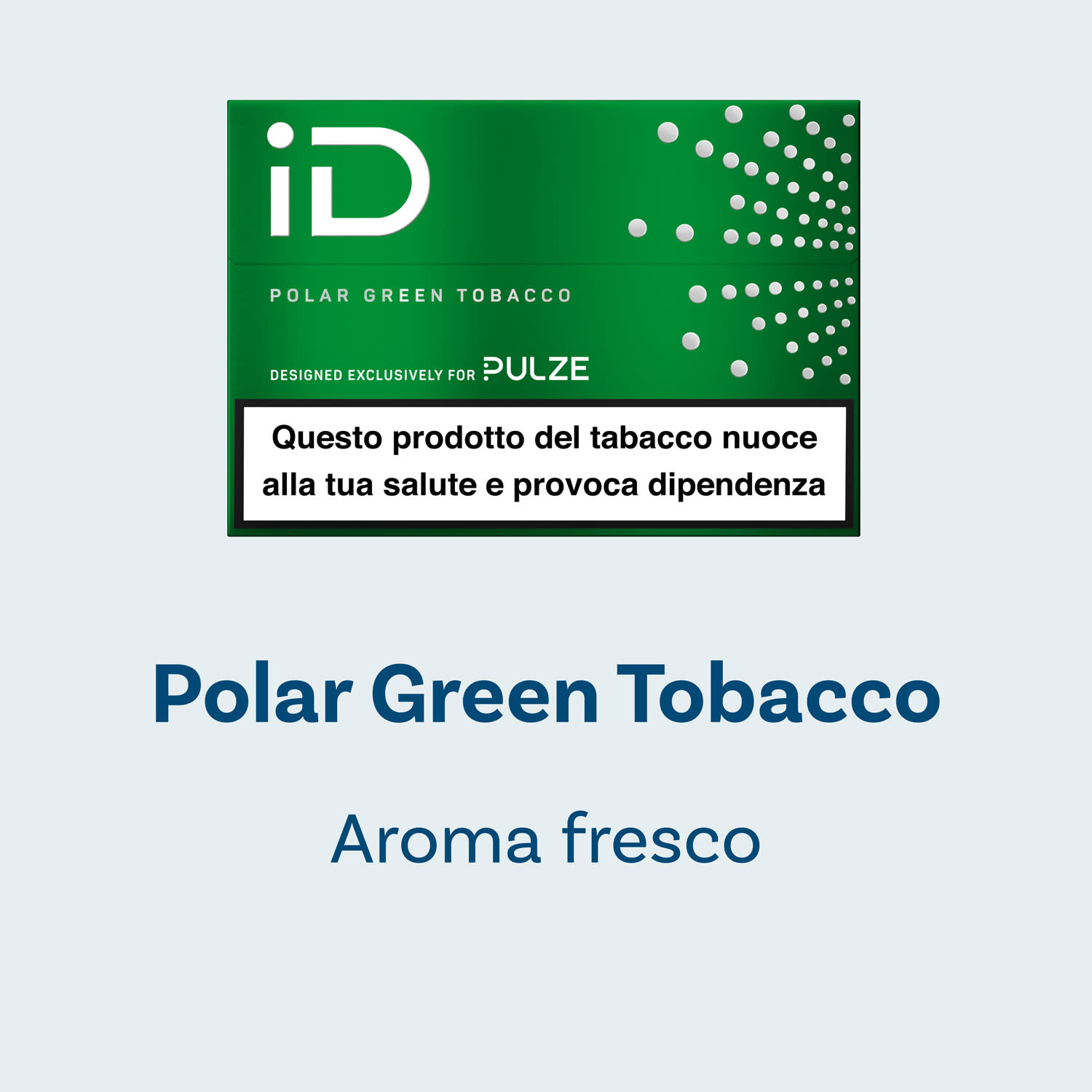 Confezione iD Polar Green Tobacco Pulze con indicazione “Aroma fresco”, su sfondo chiaro.