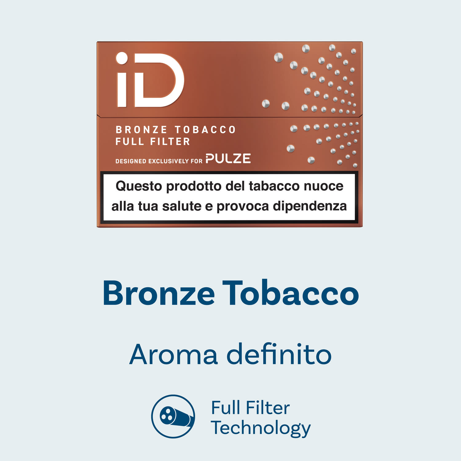 Confezione iD Bronze Tobacco Pulze con indicazione “Aroma definito”, su sfondo chiaro.