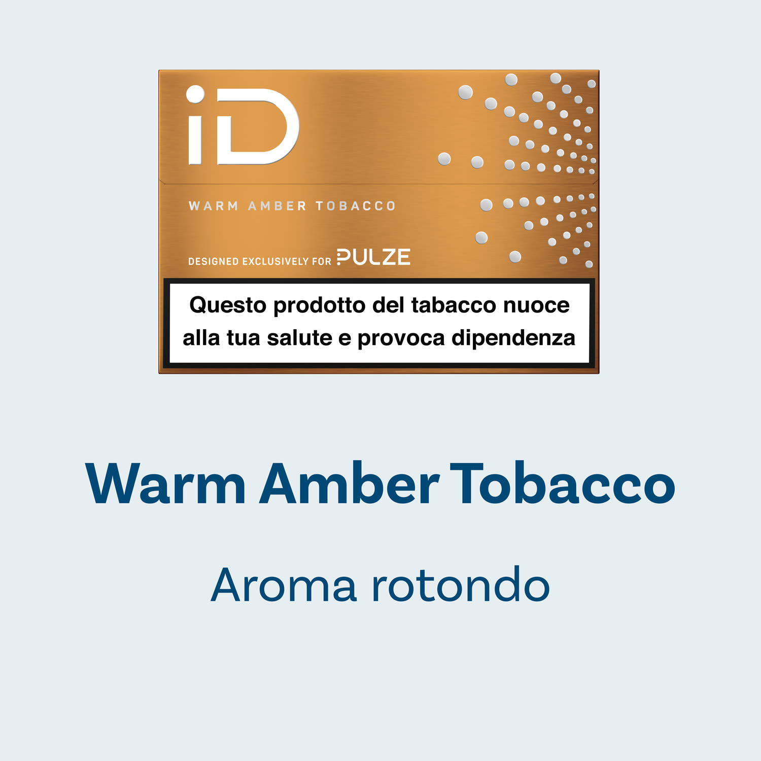 Confezione iD Warm Amber Tobacco Pulze con indicazione “Aroma rotondo”, su sfondo chiaro.