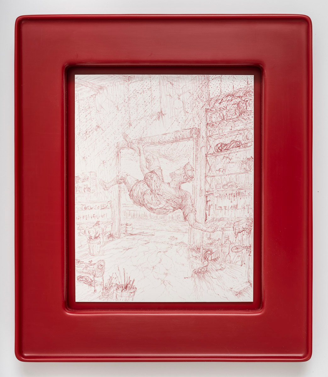 Red color pencil drawing on paper in high-density polyethylene red frame hung on a white wall